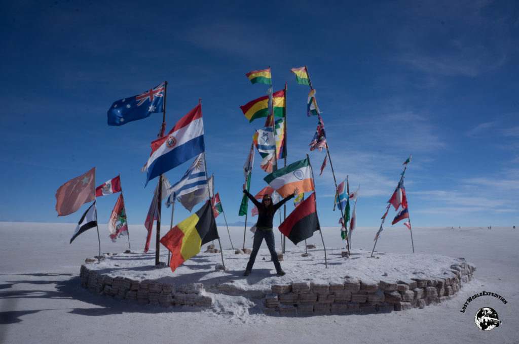 Some flags of the world on display in the Salar de Uyuni in Bolivia.