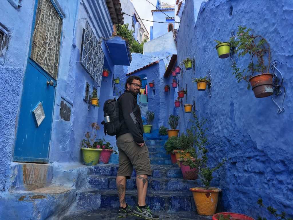 The colors of the flowers really pop out with the blue washed walls.