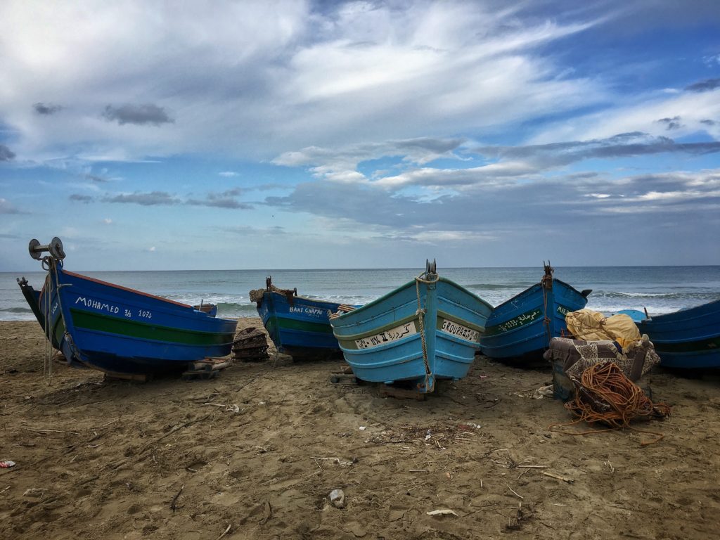 Fishing boats pulled up on the beach near Tetouan.